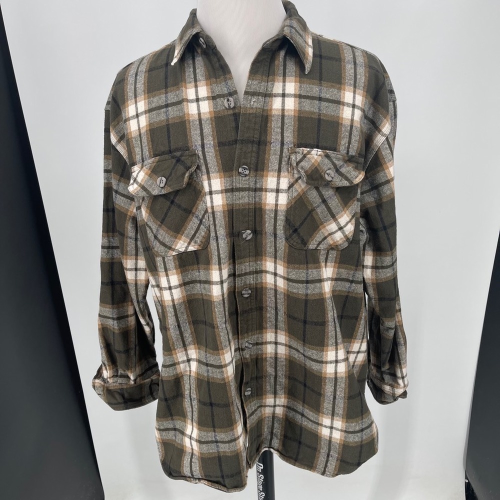 Work n' Sport Flannel Shirt MENS Brown White Plaid Button Pockets Cotton 2XL